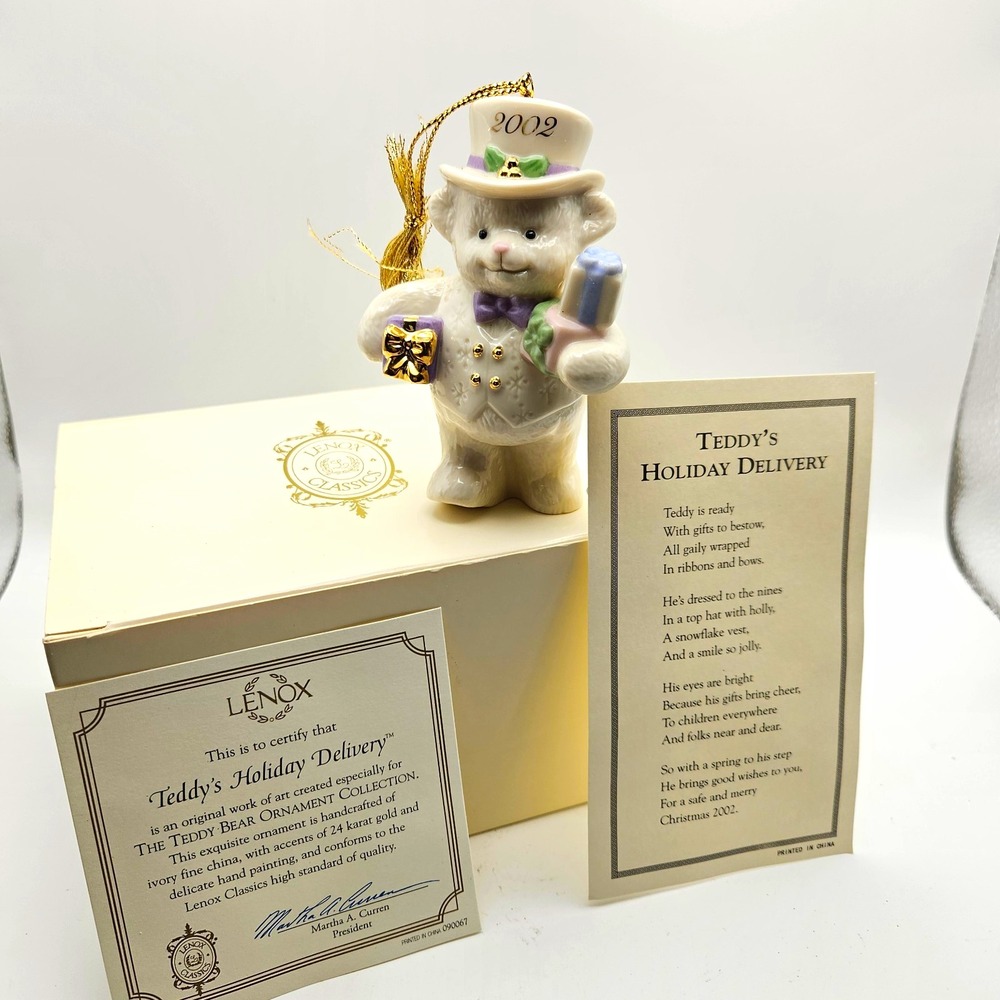 Lenox 2002 Teddy's Holiday Delivery Christmas Ornament Fine China Box, poem, COA